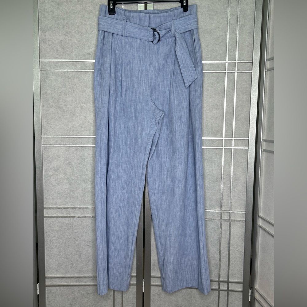 Nine West Women's Wide Leg Trouser Pants 8 Blue Pleated Belted Paperbag Waist